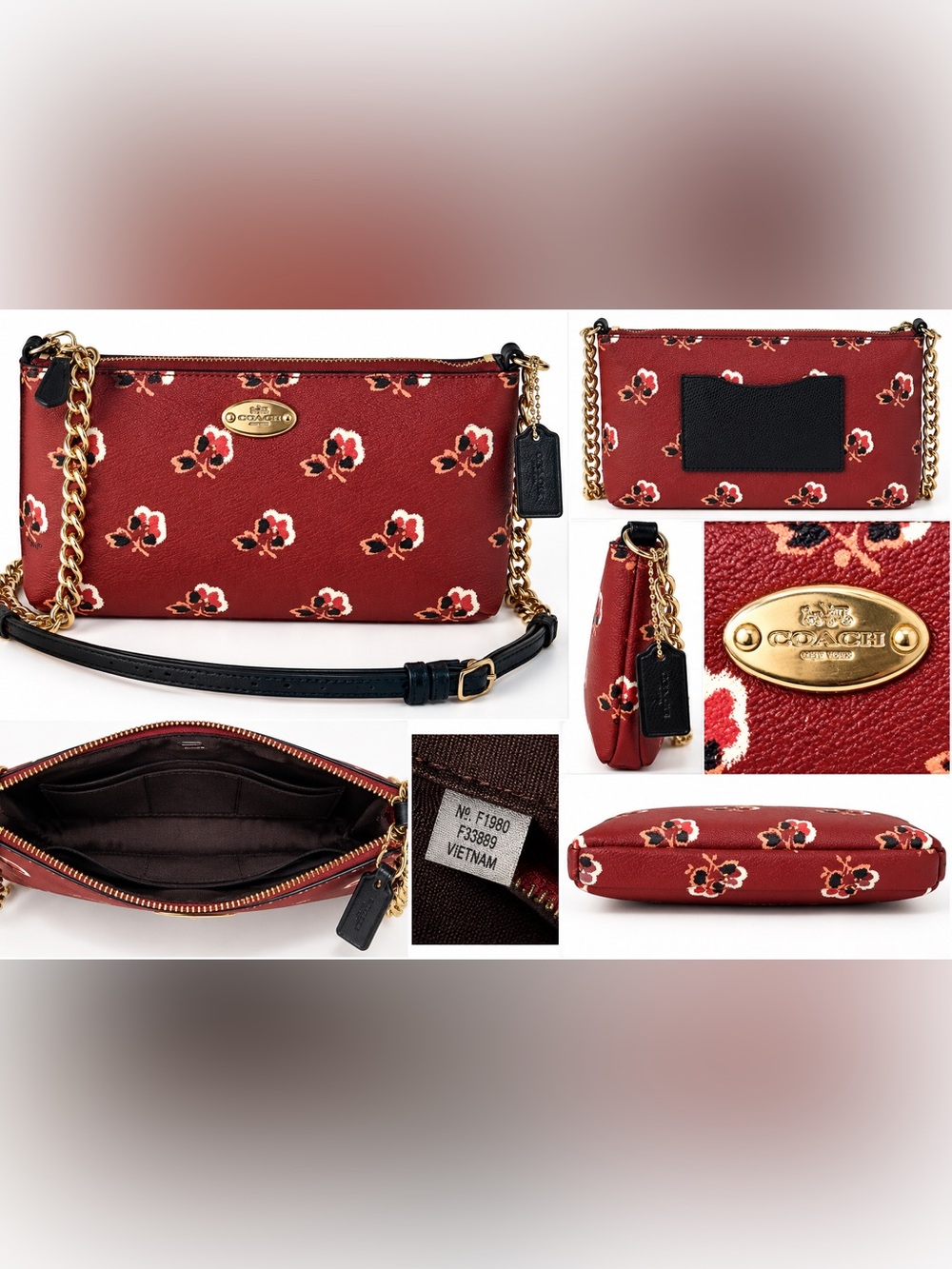 Coach Burgundy Floral Crossbody Bag Gold Chain F33889 Like New